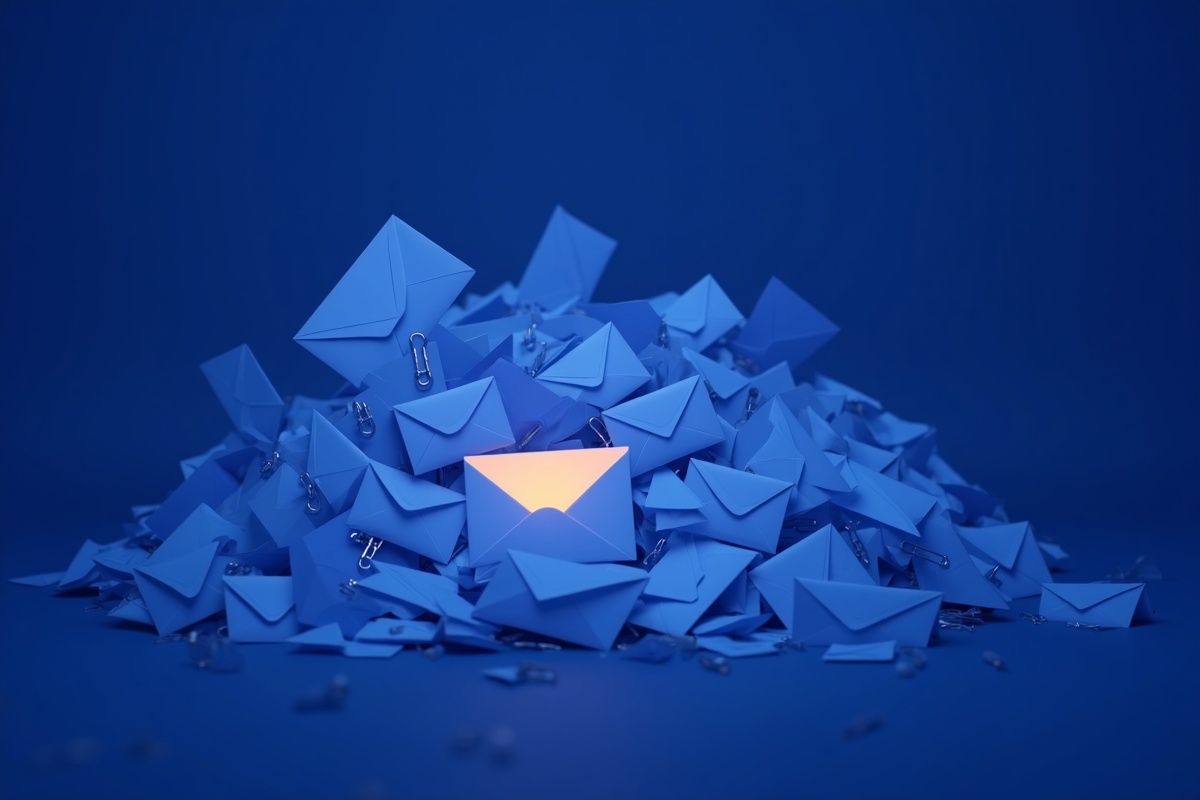 Um pequeno envelope iluminado perdido em uma pilha caótica de dezenas de envelopes de papel, representando a resposta de aprovação afogada numa thread de 40 e-mails.