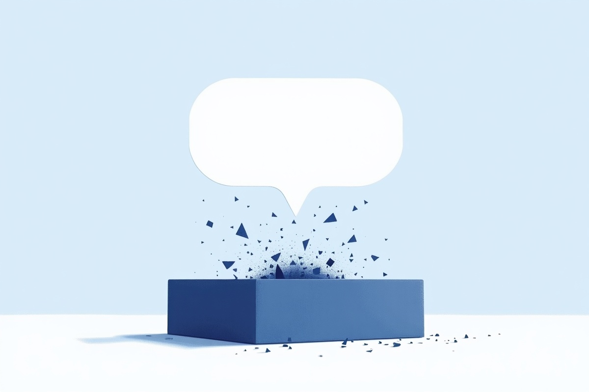 Uma bolha de conversa em branco se desfazendo em fragmentos ao lado de um bloco de registro sólido, representando que o print do WhatsApp parece prova mas não se sustenta